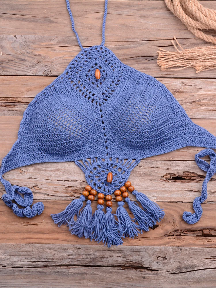Bikini 2022 knitting Swimsuit Crochet Bikini Bohemia Style Off Shoulder High Neck Bathing Beach Bikinis Handmade Crochet Bikini Blue Top
