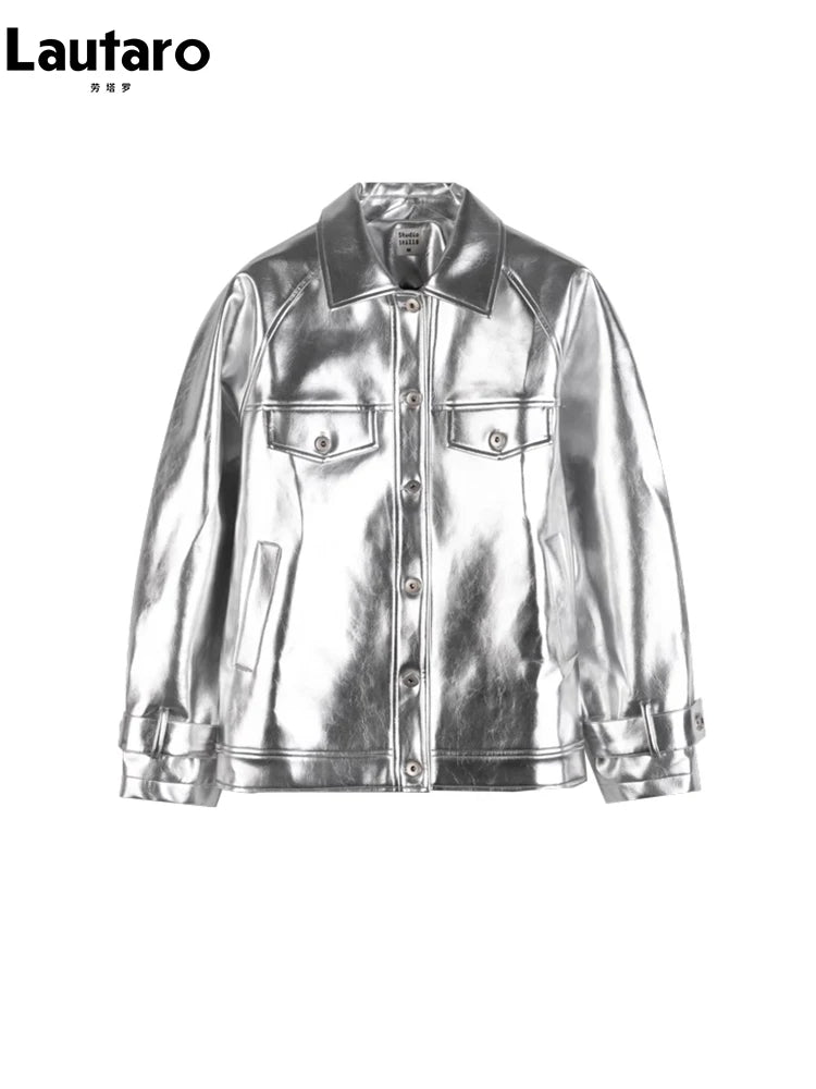 Lautaro-Women's Shiny Patent Faux Leather Jacket with Raglan Long Sleeve, Luxury Designer Clothing, Spring, Autumn, Silver, Y2K