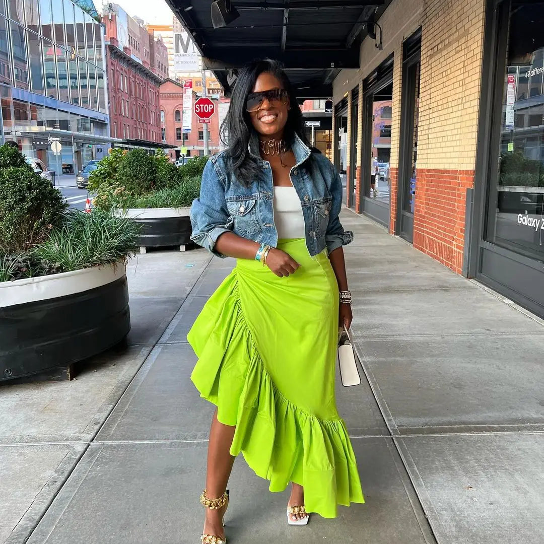 Women Ruffles Hem Asymmetrical High Waist Maxi Long Skirt 2022 Autumn Winter Streetwear INS Fashion Skirts Neon Green