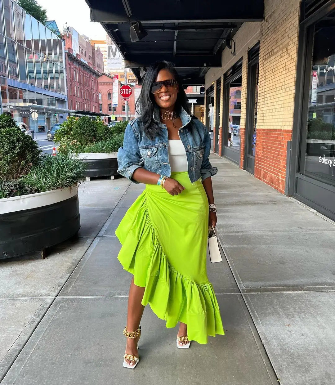 Women Ruffles Hem Asymmetrical High Waist Maxi Long Skirt 2022 Autumn Winter Streetwear INS Fashion Skirts Neon Green
