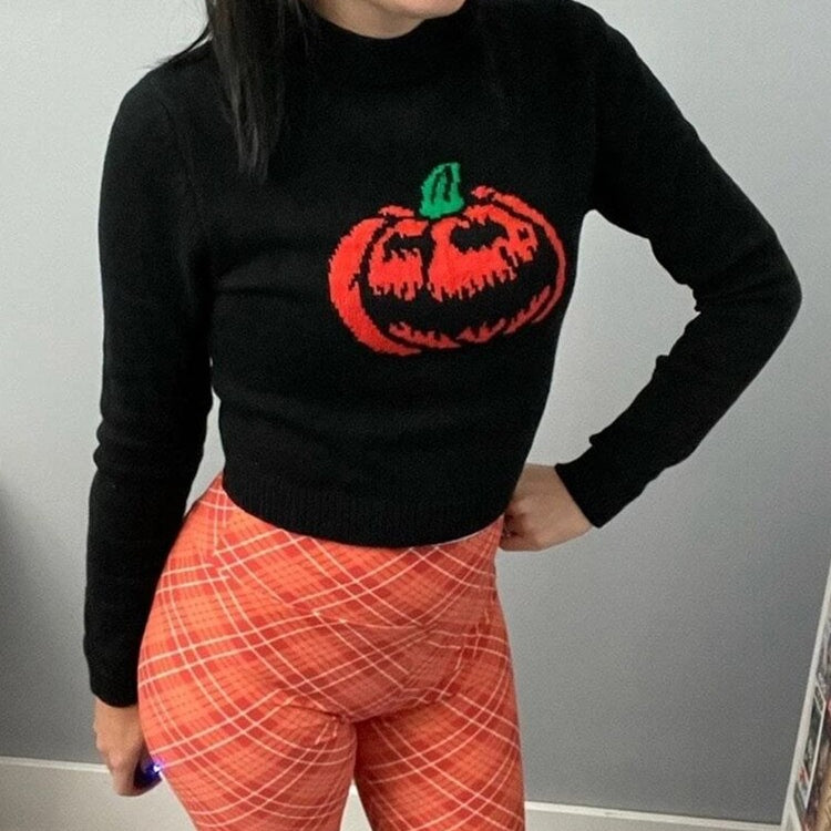 Yangelo Gothic Pumpkin Pattern Knitted Pullover Women Punk High-necked Long-sleeved Fall Winter Warm Sweater Halloween