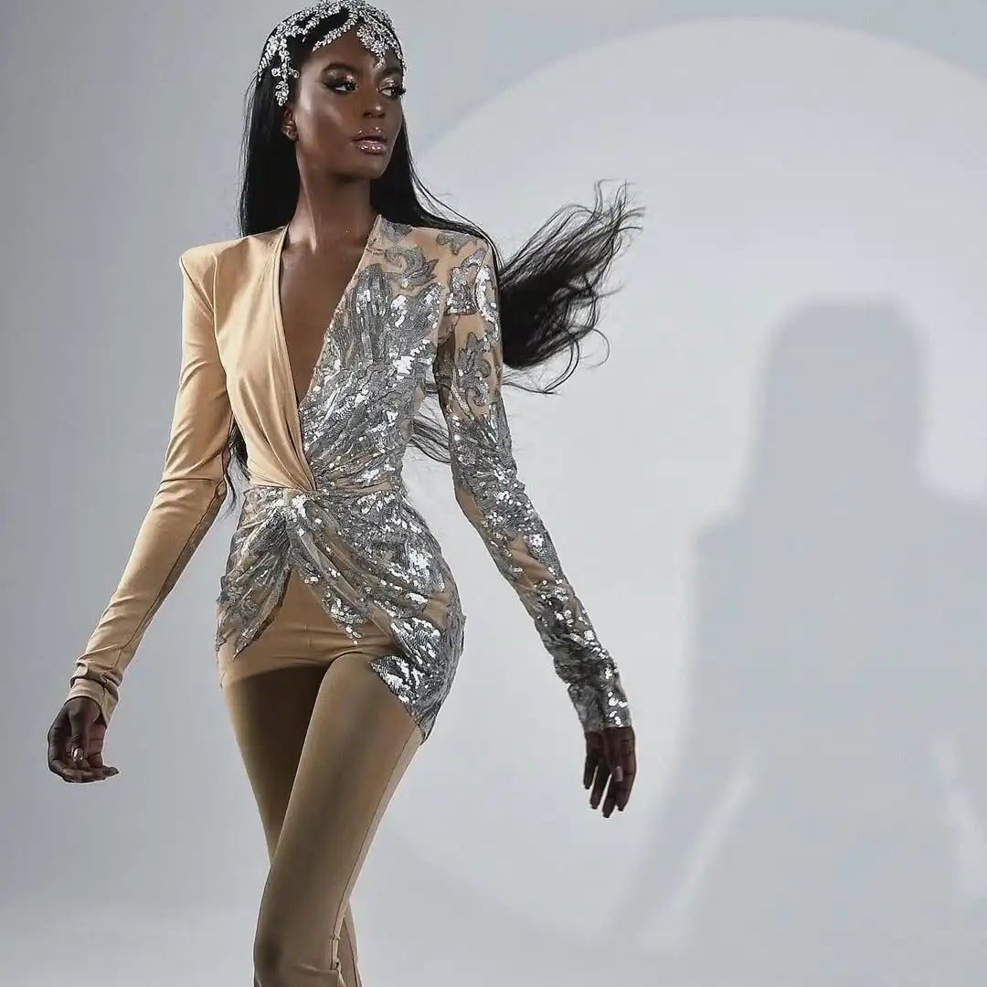 New Style Runway Fashion Khaki Color Women Long Sleeve Sexy V-Neck Sequins Bodycon Long Jumpsuit Celebrate Nightclub Party Wear