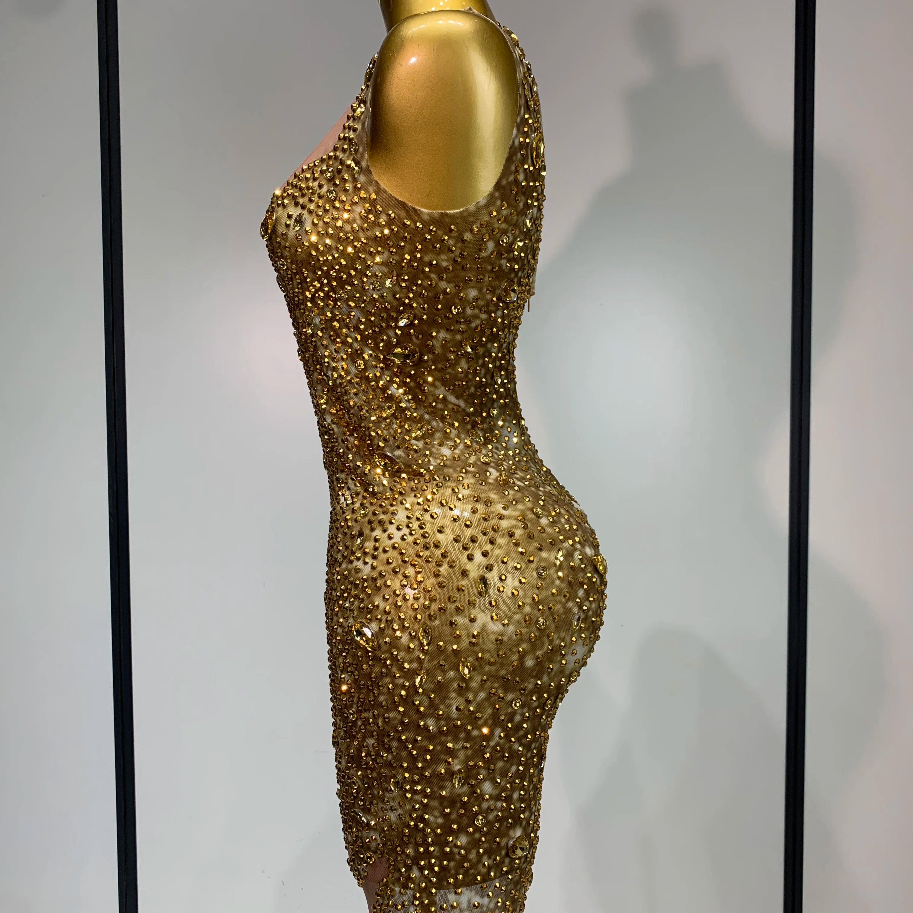 Women Sexy Stage Perform Outfit Club Gown Shining Gold Rhinestones Elegant Mesh Dress Birthday Evening Party Photoshoot Costume