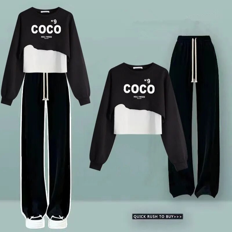 Women Spring Autumn Sweatshirt Wide Leg Pants Vest 3 Piece Set 2024 Lady Casual Letter T Shirts Trousers Outfits Green Top Suit B Black Set