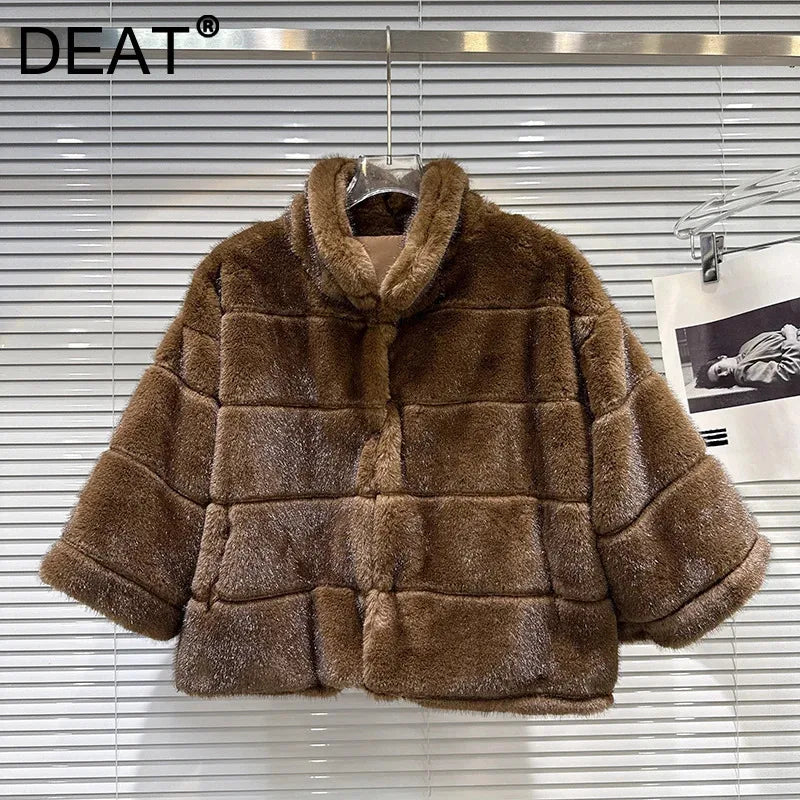 Winter New Fashion Versatile Stand Collar Faux Fur Shawl Coat For Women High Quality Solid Color Top Female 11A07758
