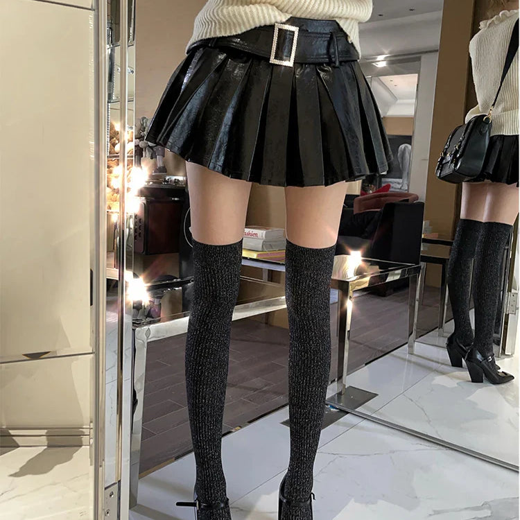 Spring Summer Black Shiny Patent Pu Leather Mini Pleated Skirt Women Belt High Waist Short Luxury Designer Y2K Clothes