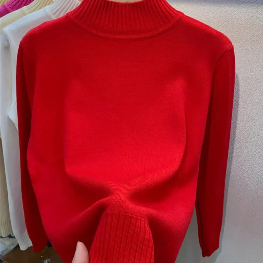 Candy Color Half Turtleneck Sweater Pullover Women Fall Winter Slim Soft Knitwear Jumper Korean Casual Warm Knit Long Sleeve Top Red