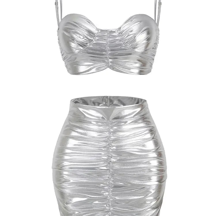 Fashion's Sexy Expose Waist Sliver Woman Sets Short Tank And Mini Skirt 2 Piece Young Lady High Street Wear Nightclub Outfit Silver