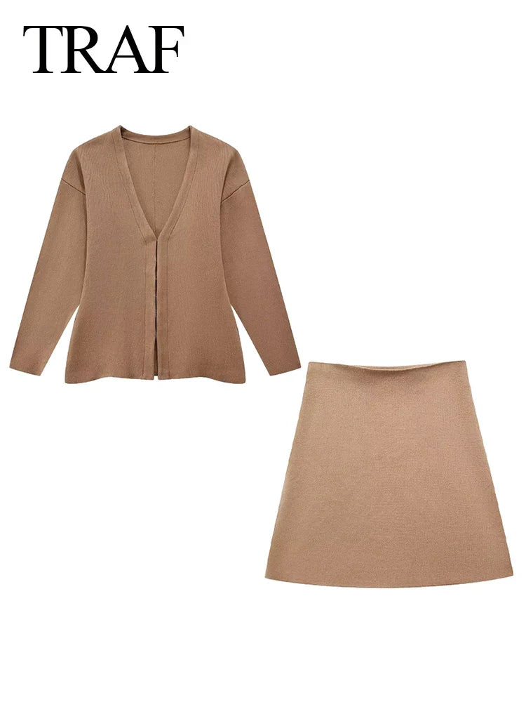 TRAF Spring Women's Suits Solid Grey V-Neck Long Sleeves Cardigan Coat +High Waist Knitted Mini Skirts Female 2 Pieces Sets