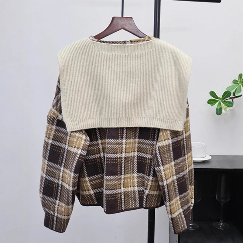 Autumn Winter New Plaid Knitted Double-Sided Shawl Cardigan For Women Loose Sweater Coat Female Trendy 11A07623