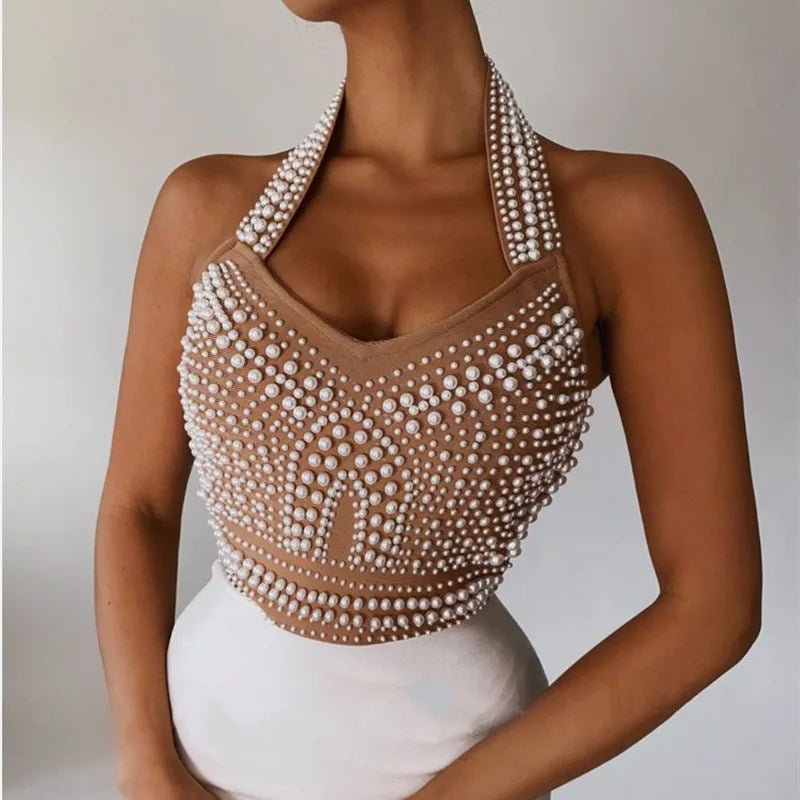 2023 Exquisite Pearl Beading Halter Bodycon Knee Lenght Dress Graceful Woman Hips Package Bandage Dress Evening Party Vestido