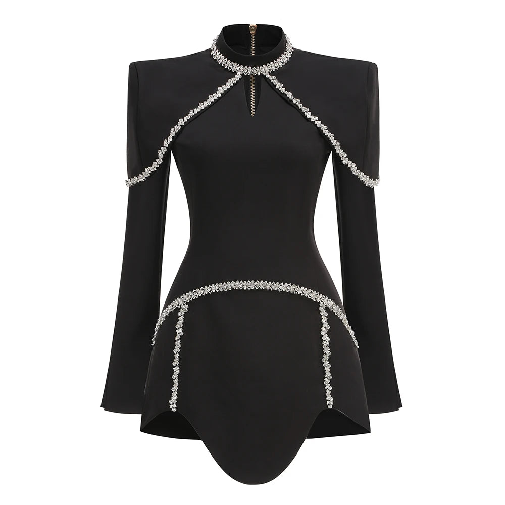 Elegant Black Long Sleeved Bodycon Mini Dress with Crystal Adorned Seams for a Special Event Gown black