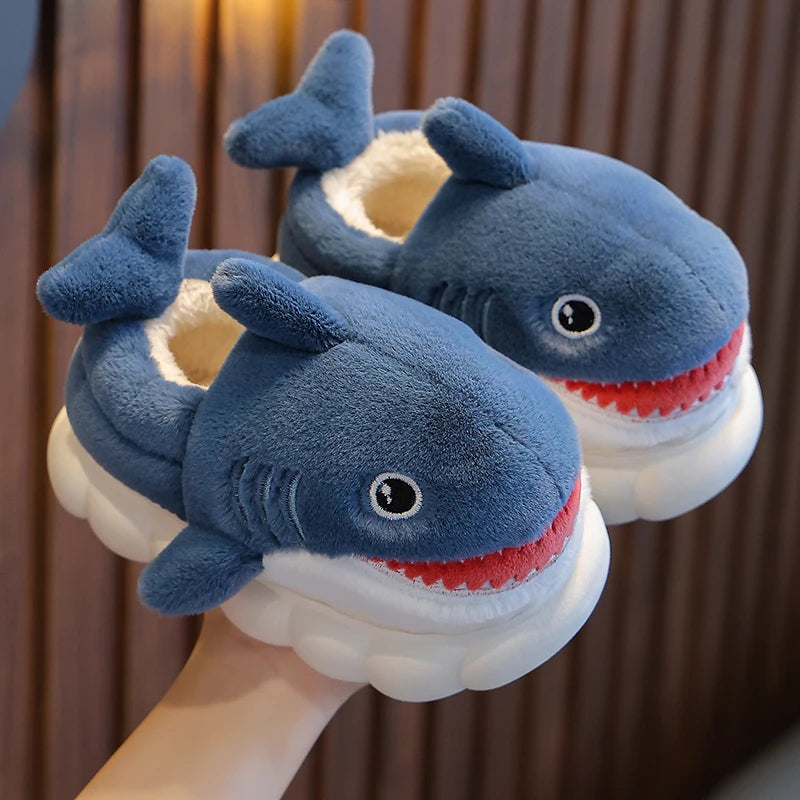 Winter Wrap Heels Cute Cartoon Shark Cotton Slippers Children's Non-slip Soft For Kids Girls Boys Baby Warm Plush Home Shoes Navy Blue