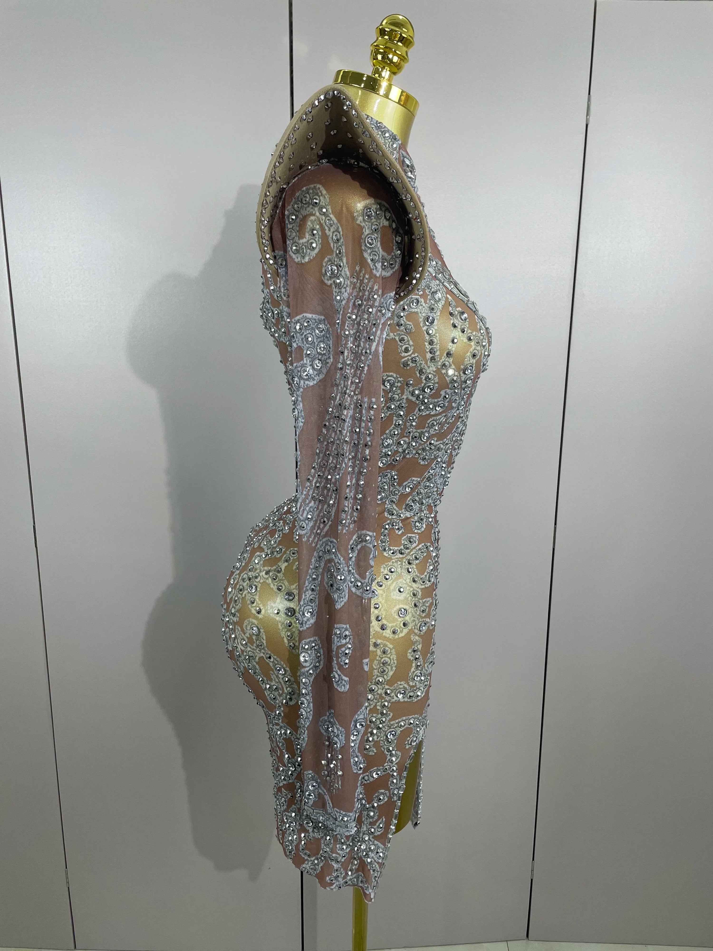 Sexy Singer Stage Drag Queen Costume 2025 Women Shiny Rhinestones Transparent Short Dress Birthday Celebrate Photoshoot Dress