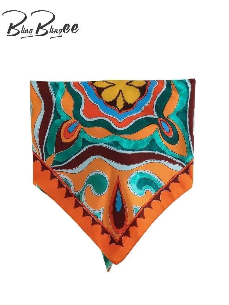 BlingBlingee Summer Printed Women Wide Pants Satin Suits Traf Asymmetric Sleeveless Strapless Crop Top Female Sets Y2K