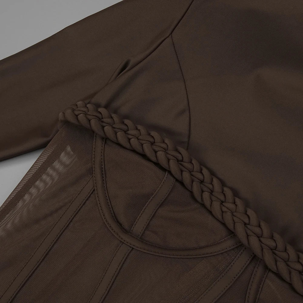 Sophisticated Brown High-Neck Long Sleeves Dress with Sheer Mesh Corset Accent for Party Evening Gown