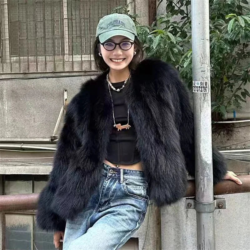 Imitation Fox Fur Eco Friendly Fur Coat Cardigan Women's Winter New Black Short Style Slim and Fashionable Young Fur Coat black