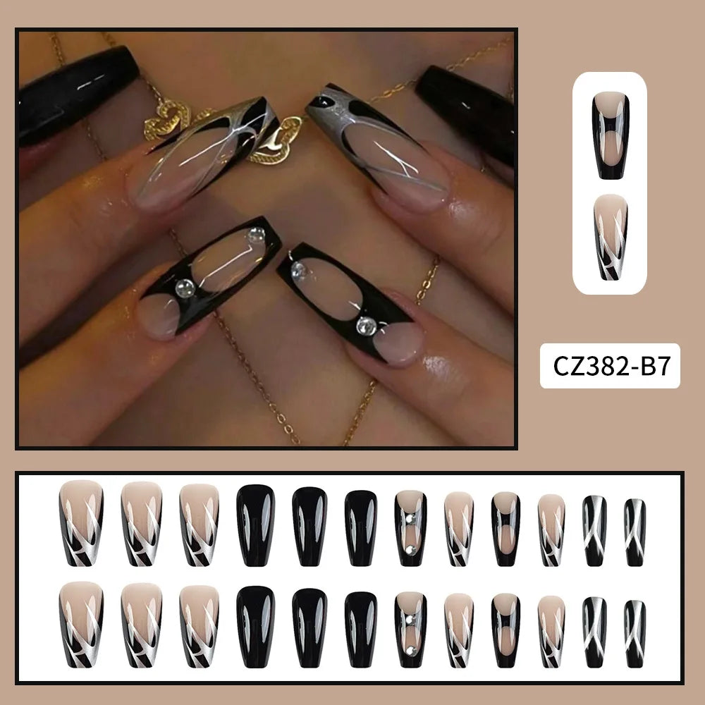 Black Cool Fake Nails Halloween Bat Press on Nails Almond Decorated Nail Tips Rivet Bow False Nails 24pcs Reusable Acrylic Nails 09