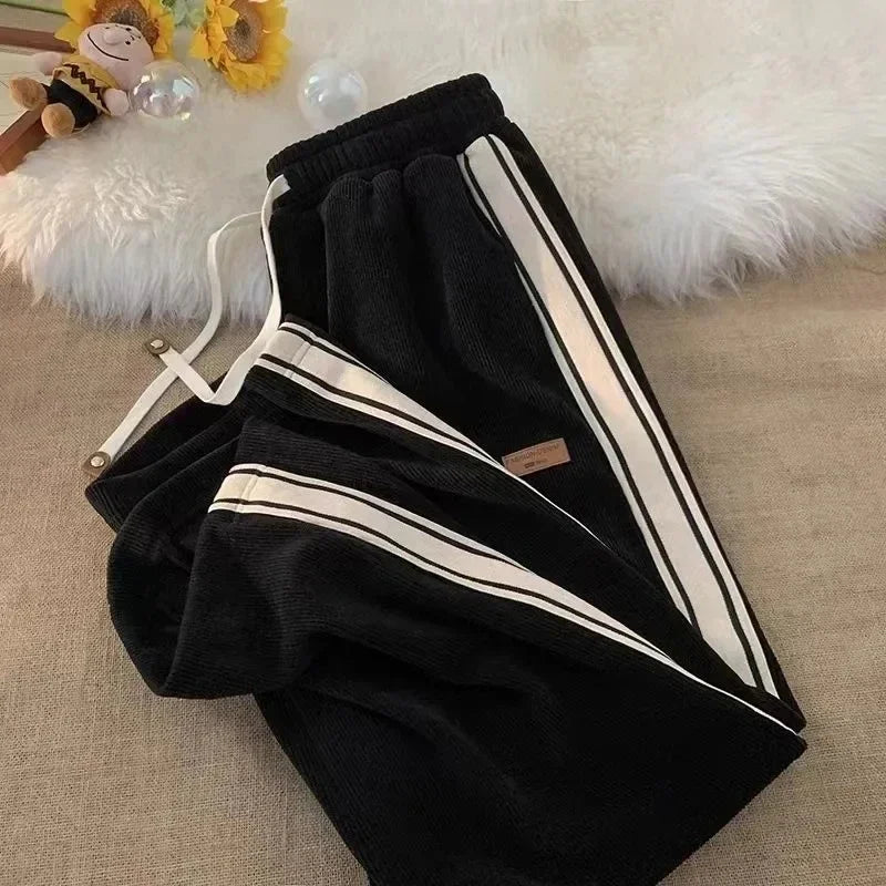 Corduroy Striped Sweatpants Women Streetwear Thick Wide Leg Pants Y2K Harajuku High Waist Joggers Korean Baggy Trousers Black