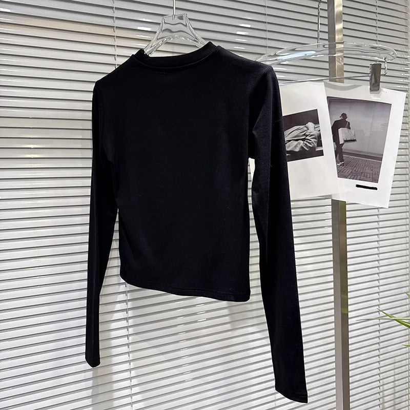 Winter New Niche Fashion Hot Drill Bikini Pattern Long Sleeve Cotton T-Shirt For Women Slim Fit Top Female 11A07493