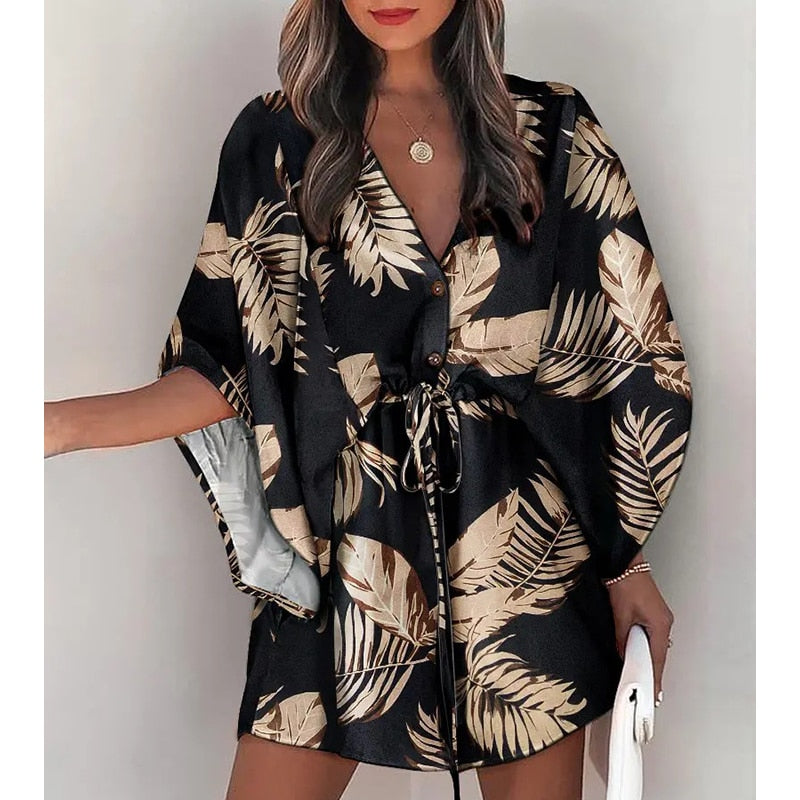 Summer Boho Mini Dress - Flora Print Batwing Sleeve Lace-Up V Neck Loose Button Dresses Ladies Beach Party Dress Vestido style5