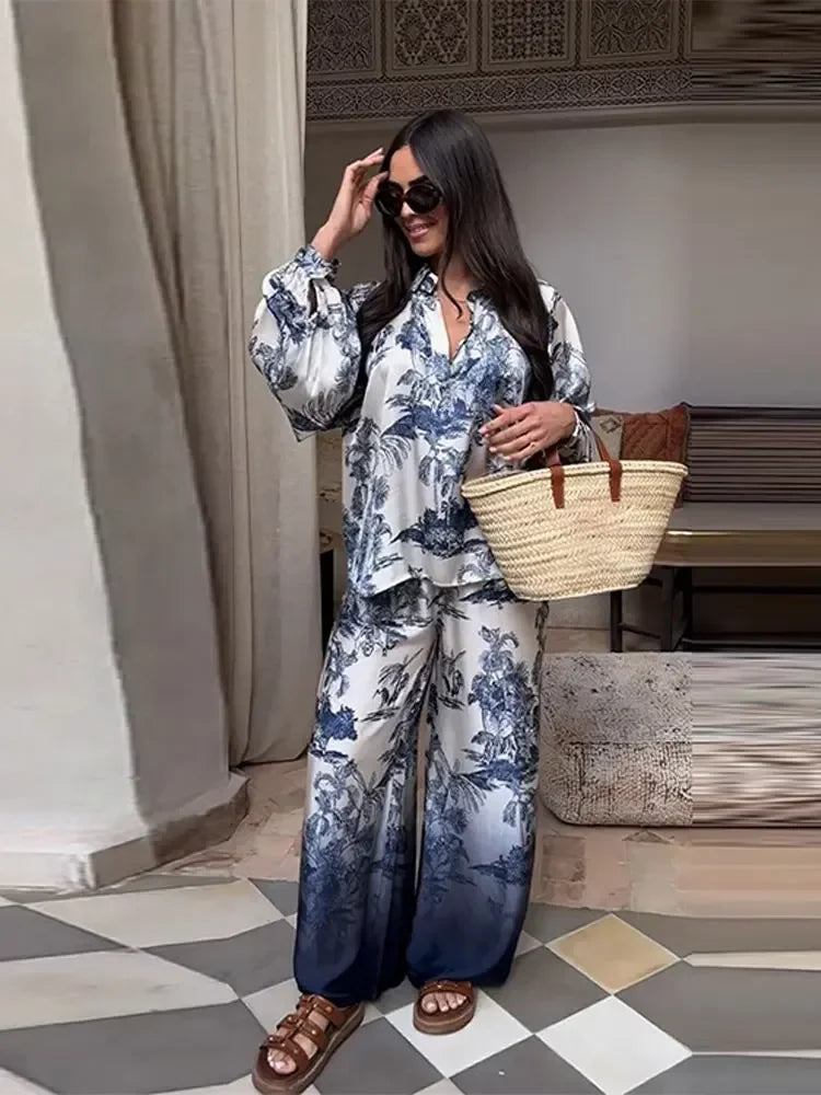 Elegant Women Print Loose Shirt Pants 2 Pieces Set Chic Lapel V Neck Long Sleeve Blouse Straight Pant Suit Casual Lady Outfits Blue