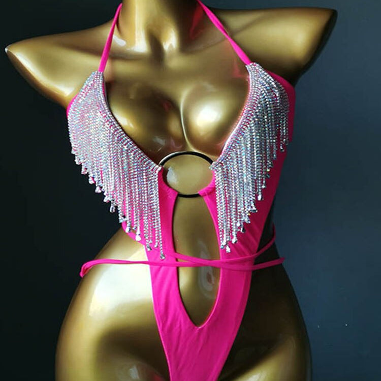 Swimwear Bikini 2024 Women Swimsuit One Piece - Shiny Crystal Rhinestone Hollow Out Summer Beach Swimming Bathing Suit Rose Red 1