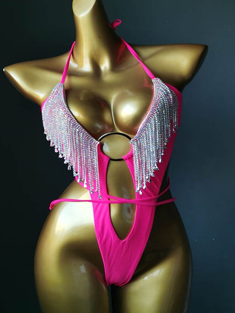Swimwear Bikini 2024 Women Swimsuit One Piece - Shiny Crystal Rhinestone Hollow Out Summer Beach Swimming Bathing Suit Rose Red 1