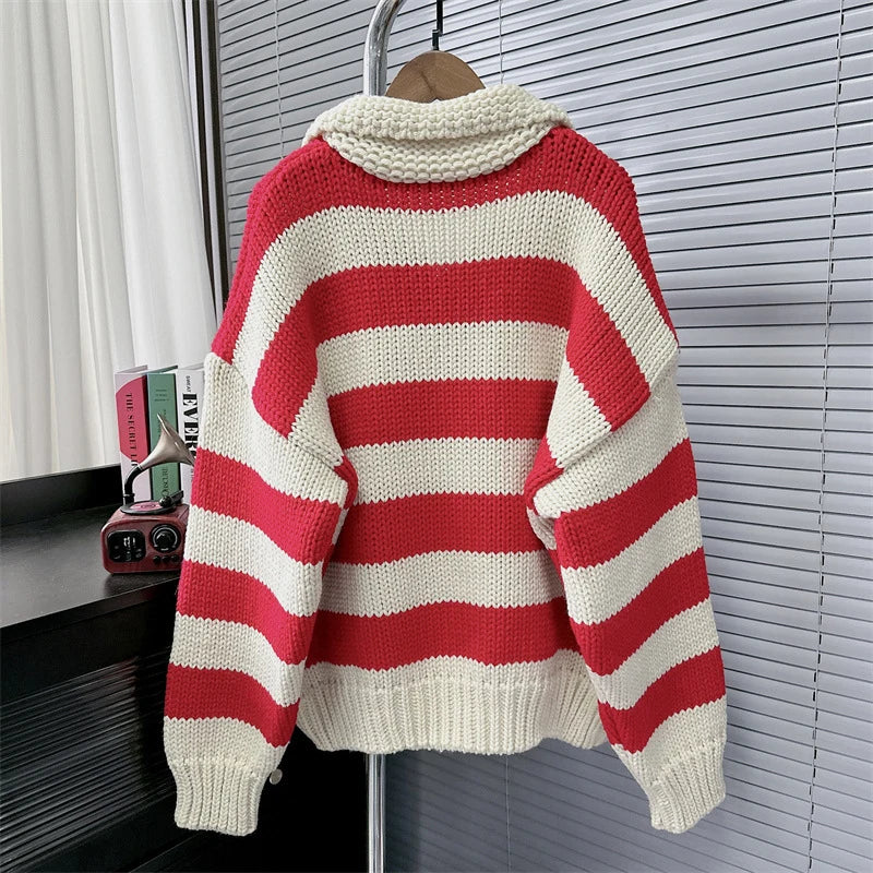 Autumn Winter New Lazy Style Striped Contrast Color Thick Knit Pullover Sweater For Women Loose Versatile Top 11A07789