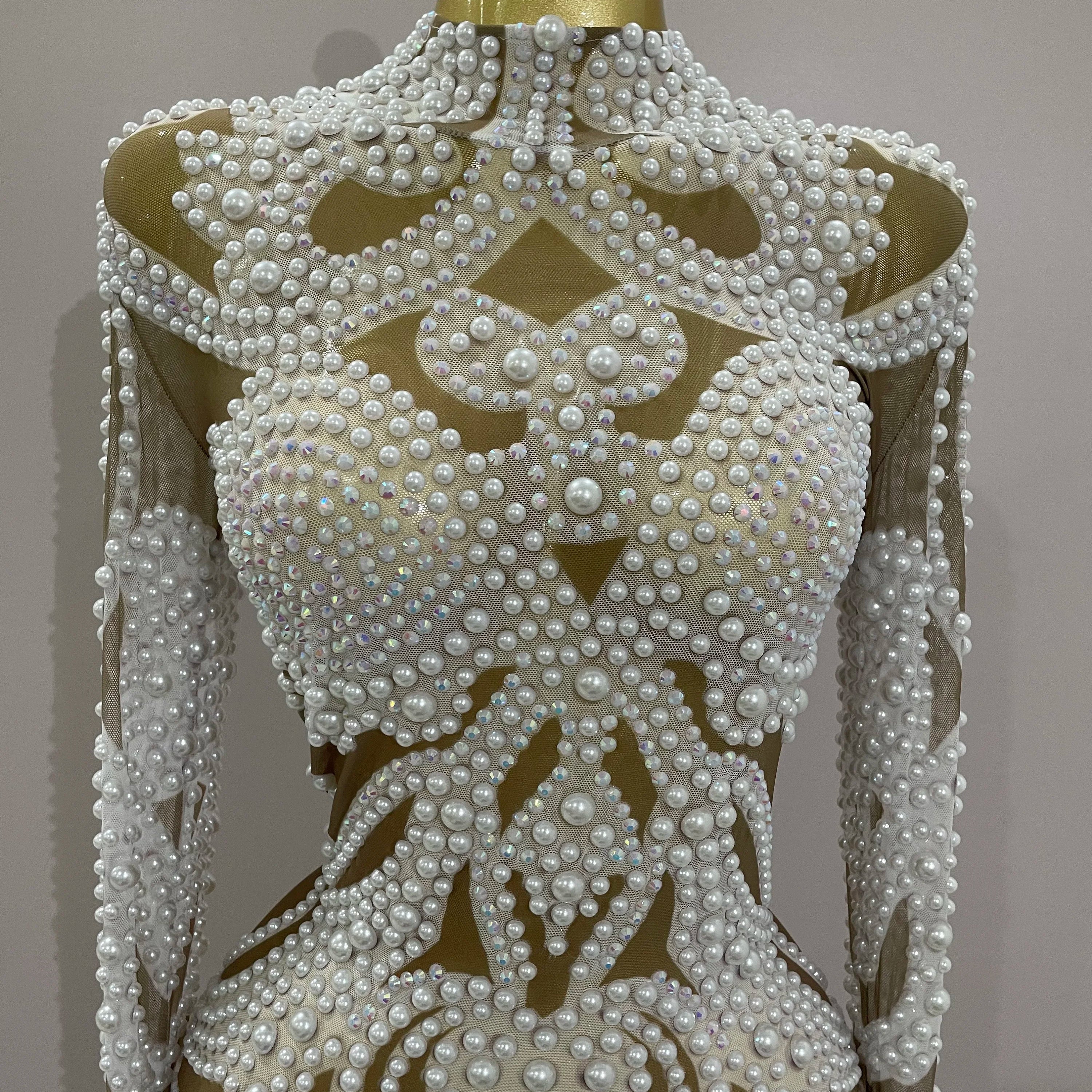 2025 New High-end Elegant Evening Gown AB Rhinestones Pearls Luxury Long Sleeves Mesh Dress Women Cocktail party Wedding Costume