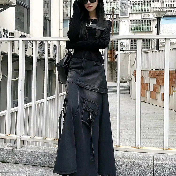 Black Denim Skirt Thin Office Lady Vintage Fashion Pockets Autumn Winter High Waist A-Line Skirt New Design Gothic