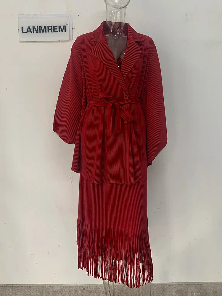 LANMREM Fashion Pleated 2 Piece Set Women Double Breasted Blazer Tassel Design Skirt Solid Color Spring New Clothing 32C701 One Size Wine