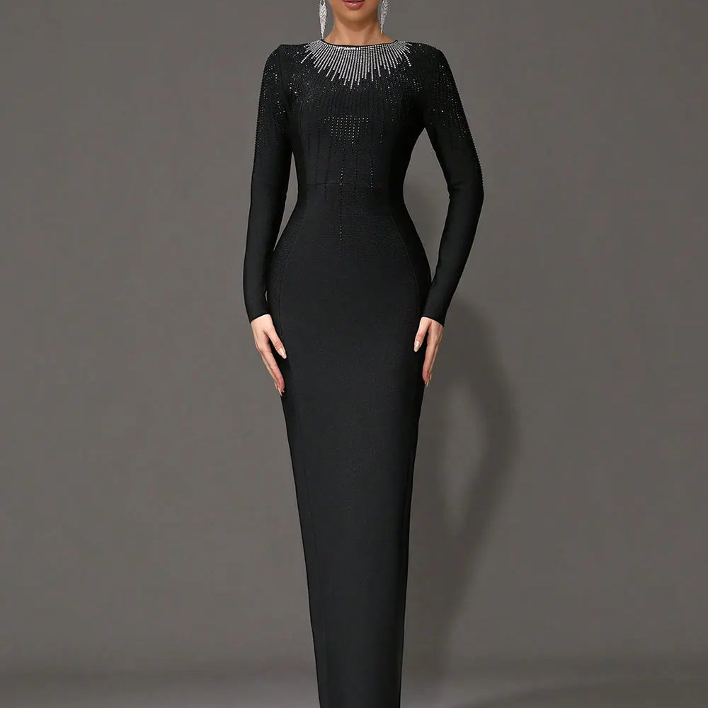 2025 Elegant Women's Light Luxury Hot Diamond Bandage Dress O-neck Long Sleeve Bodycon Black Long Dress Evening Party Vestidos black