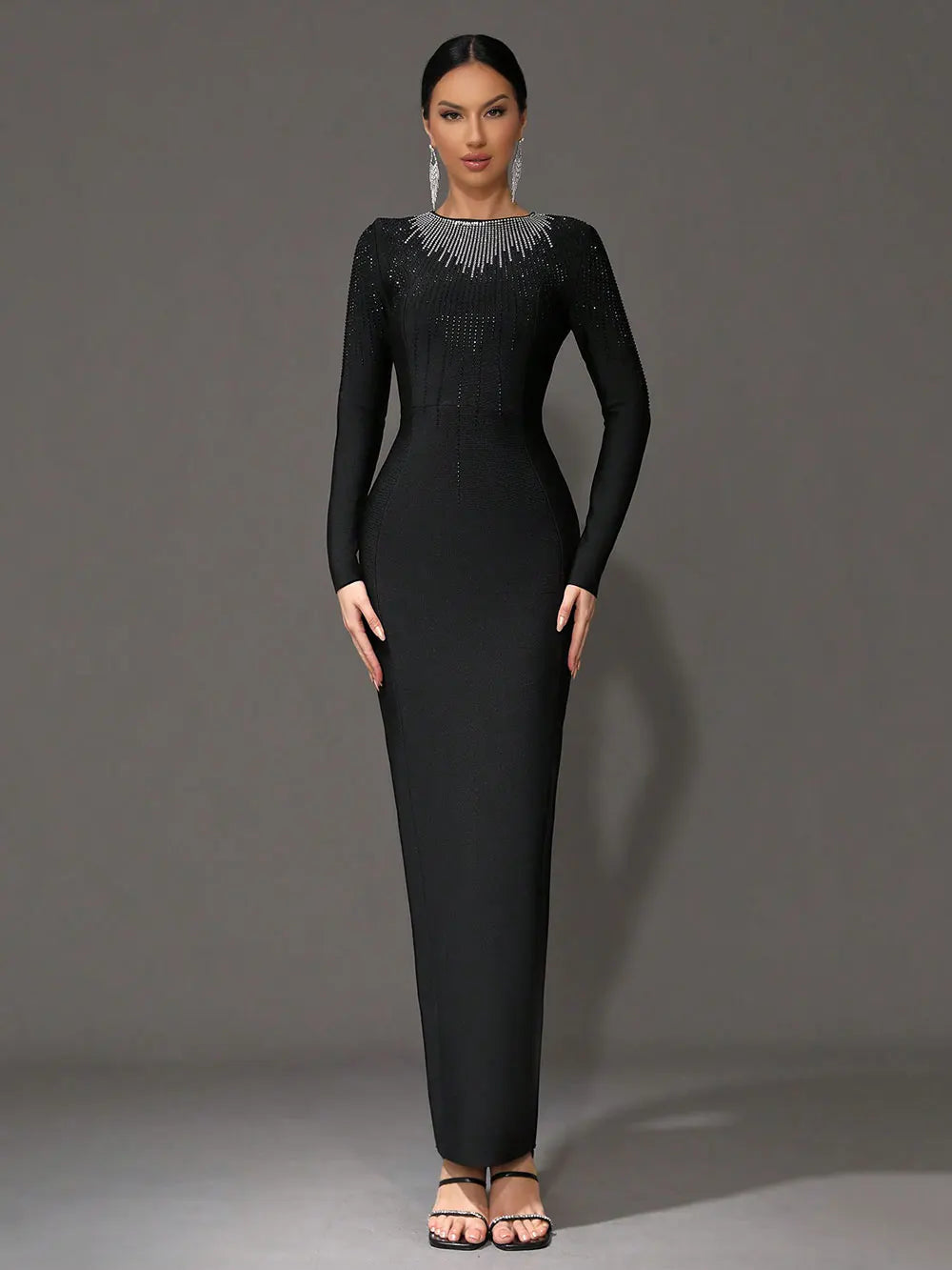 2025 Elegant Women's Light Luxury Hot Diamond Bandage Dress O-neck Long Sleeve Bodycon Black Long Dress Evening Party Vestidos black