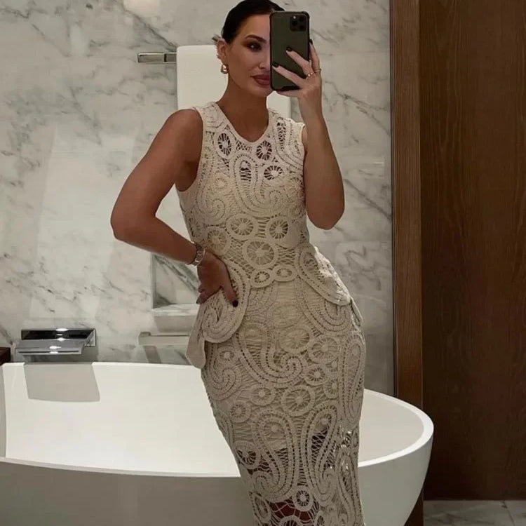 Crochet O Neck Hollow Out Skirt Set Women Chic Hook Flower Sleeveless Top Irregular Skirt Suit Spring Lady Elegant Outfit