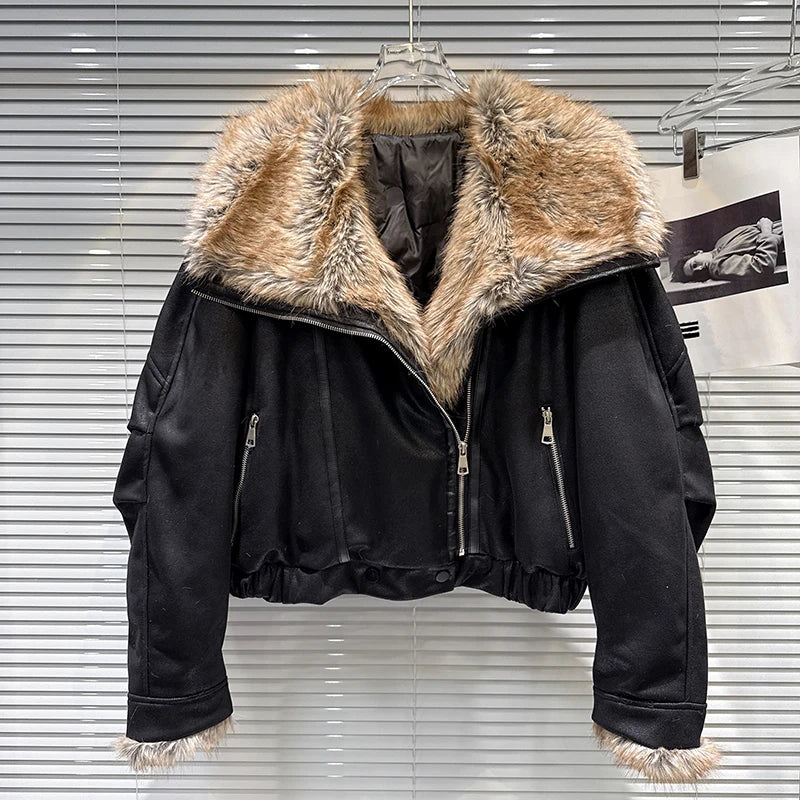 Winter New Fashion Big Fur Collar Suede Cotton Padded Coat For Women Warm Motorcycle Leather Jacket Female 11A07510 Black