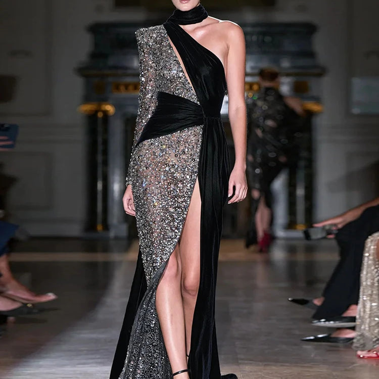 Sexy Sequin Patchwork Design Long Dress Halter Neck Draped One Shoulder Long Sleeve Split Maxi Evening Party Gowns