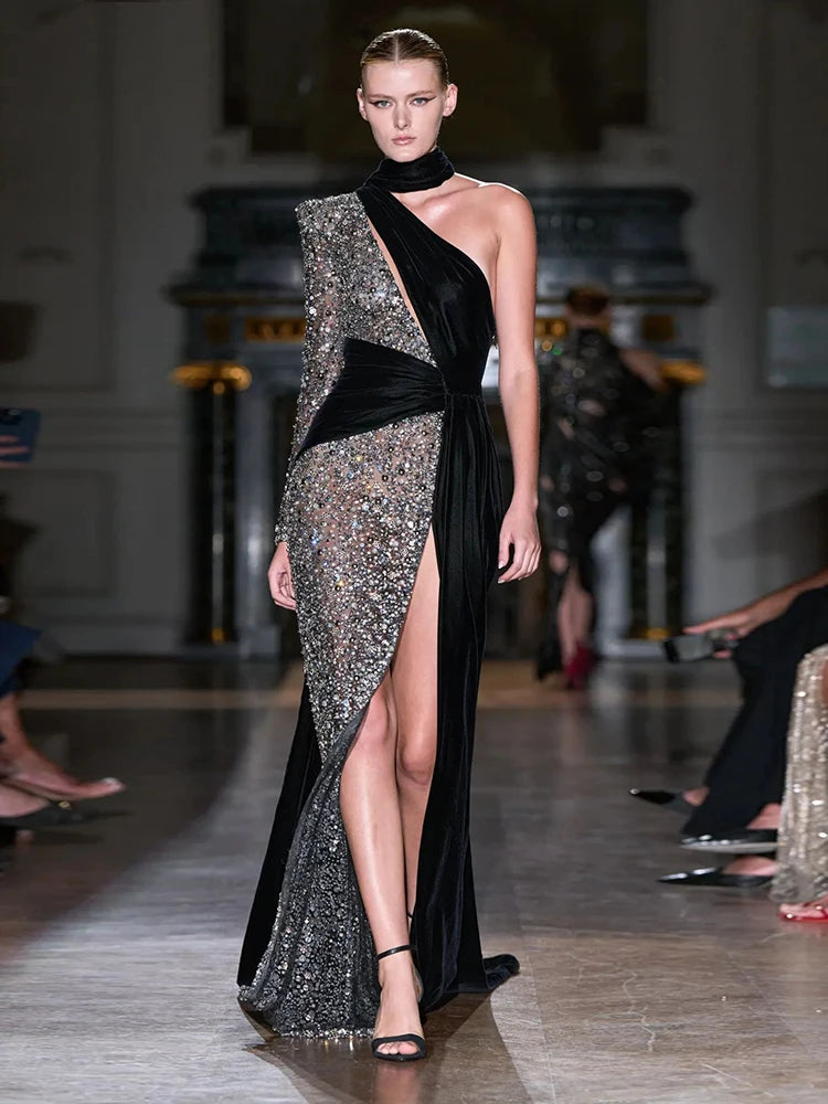 Sexy Sequin Patchwork Design Long Dress Halter Neck Draped One Shoulder Long Sleeve Split Maxi Evening Party Gowns