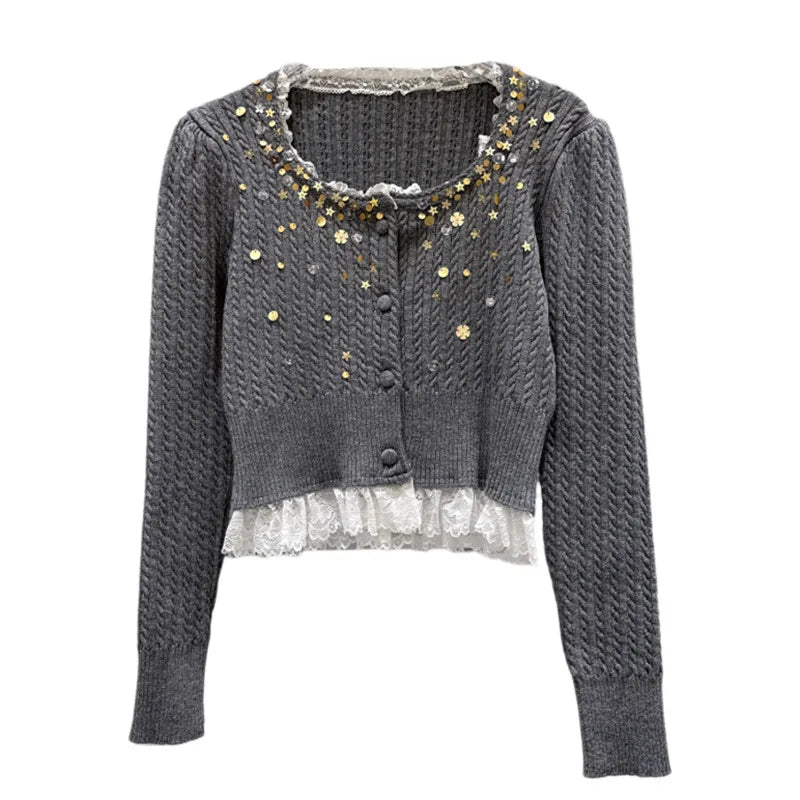 Winter New Fashion Lace Patchwork 3D Sequin Embroidery Knitted Cardigan For Women Elegant Short Sweater 11A07846