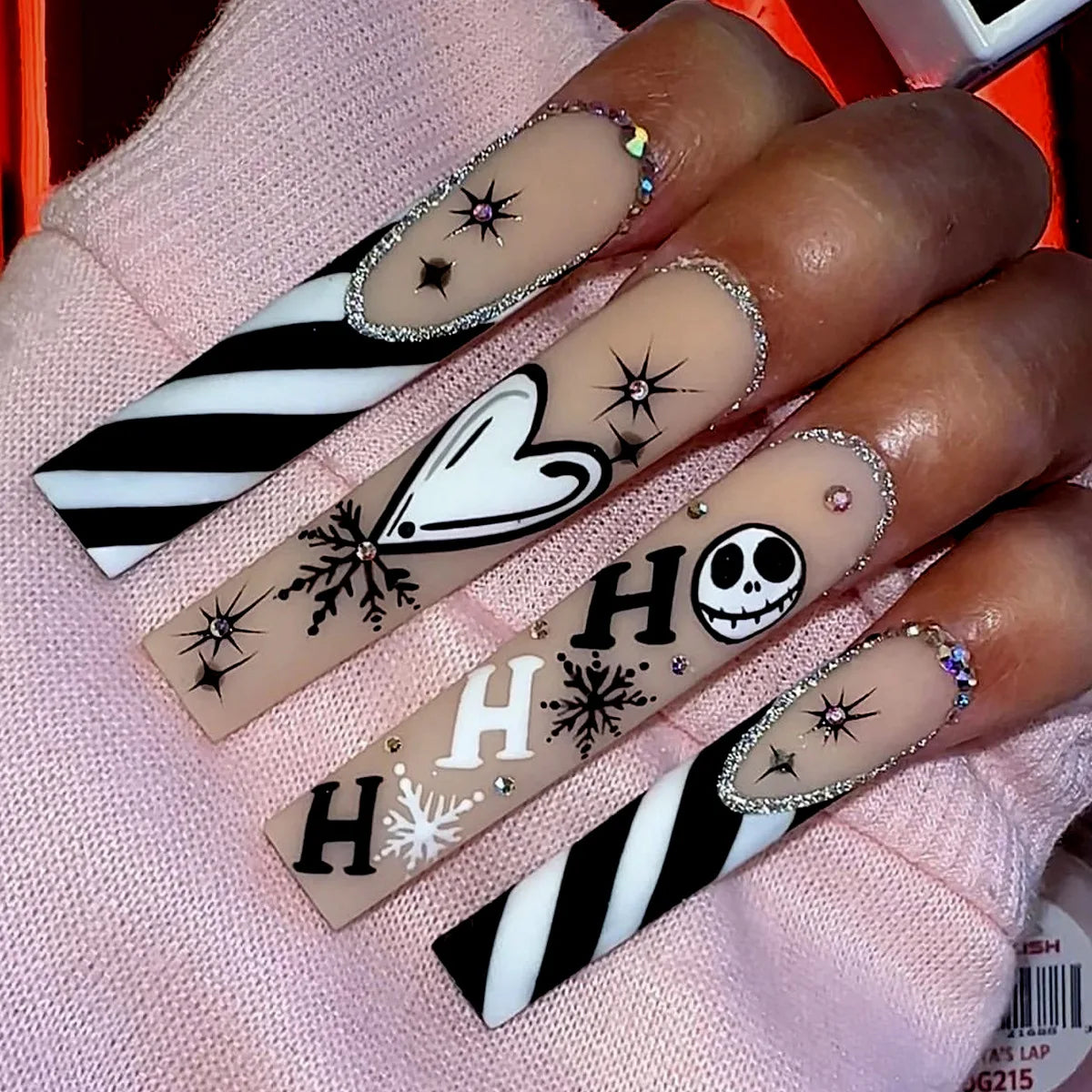 Scary Blood Skull Fake Nails Long Coffin Ballet Halloween Style False Nails 24pcs Wearable Press on Nail tips for Halloween Gift H3