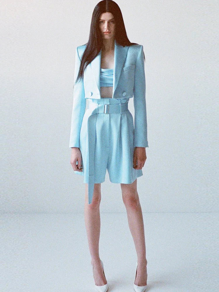 HIGH STREET Newest Fashion Designer Runway Suit Set Women's Satin Crop Blazer Jacket Belted Shorts Set 2pcs