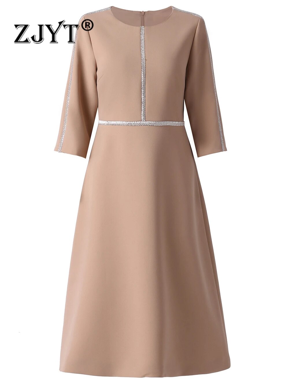 ZJYT Autumn Fashion Beading Party Formal Occasion Dresses for Women 2024 Elegant Christmas Red Midi Vestidos Fiesta Aline Robe khaki