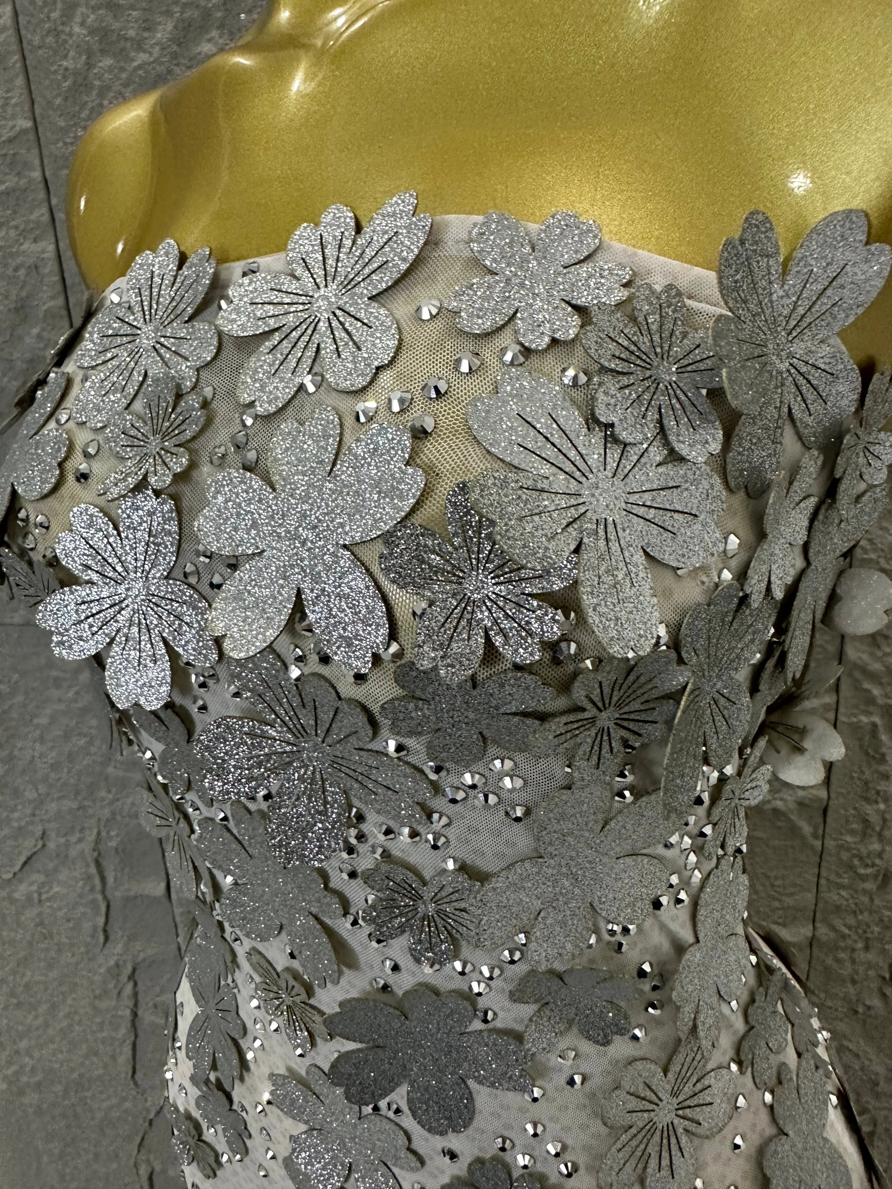 Sparkly Women Sexy Strapless Slim-fit 3D Flower Evening Gala Party Nightclub Cocktail Party Stage Performance Costume