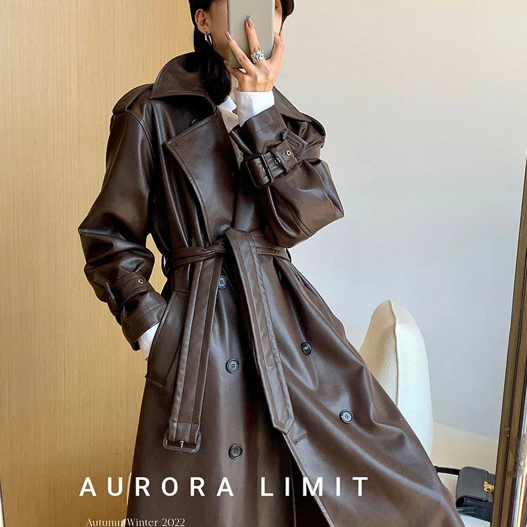 Spring Autumn Long Loose Brown Pu Leather Trench Coat for Women Belt Double Breasted American and European Fashion 2023