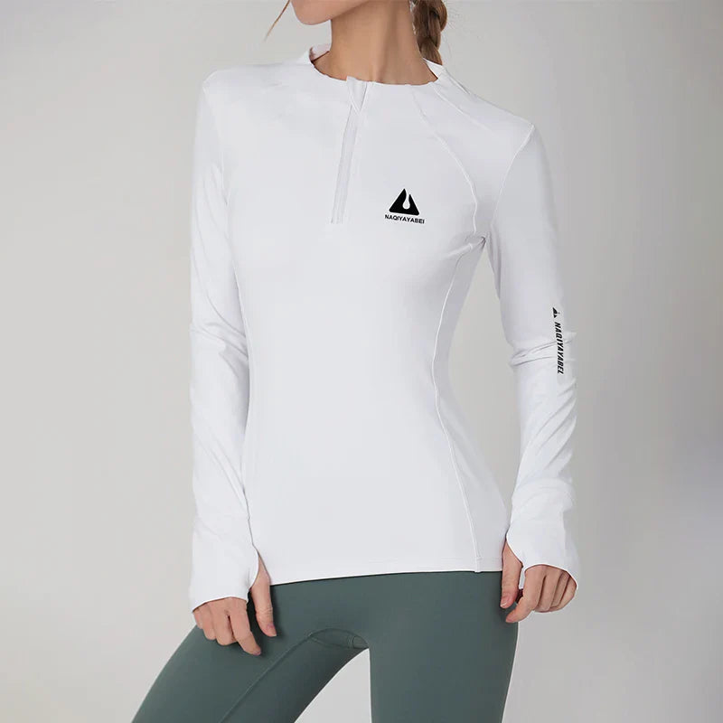 Round neck sports coat women tight fitness top running long-sleeved quick dry Slim zipper yoga clothing fall and winter White Top