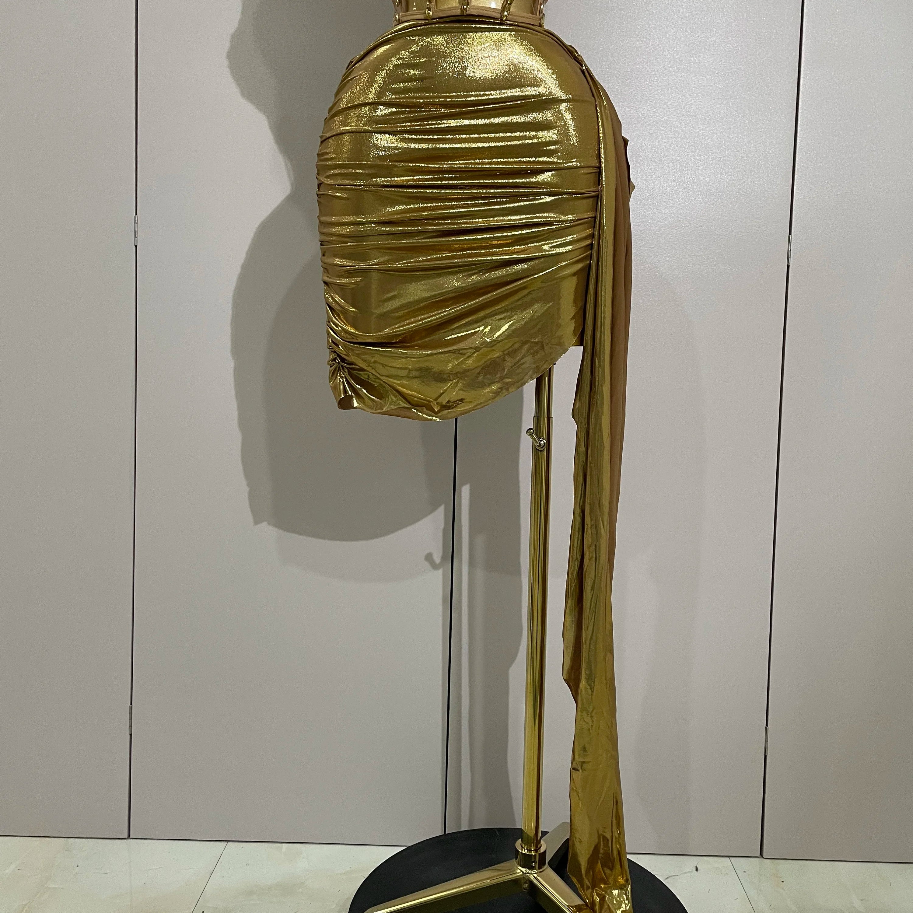 Sparkly Gold Sexy Top Two Pieces Short Skirt Set 2025 Women Celebrate Birthday Dress Party NightClub Dancer Show Stage Outfit