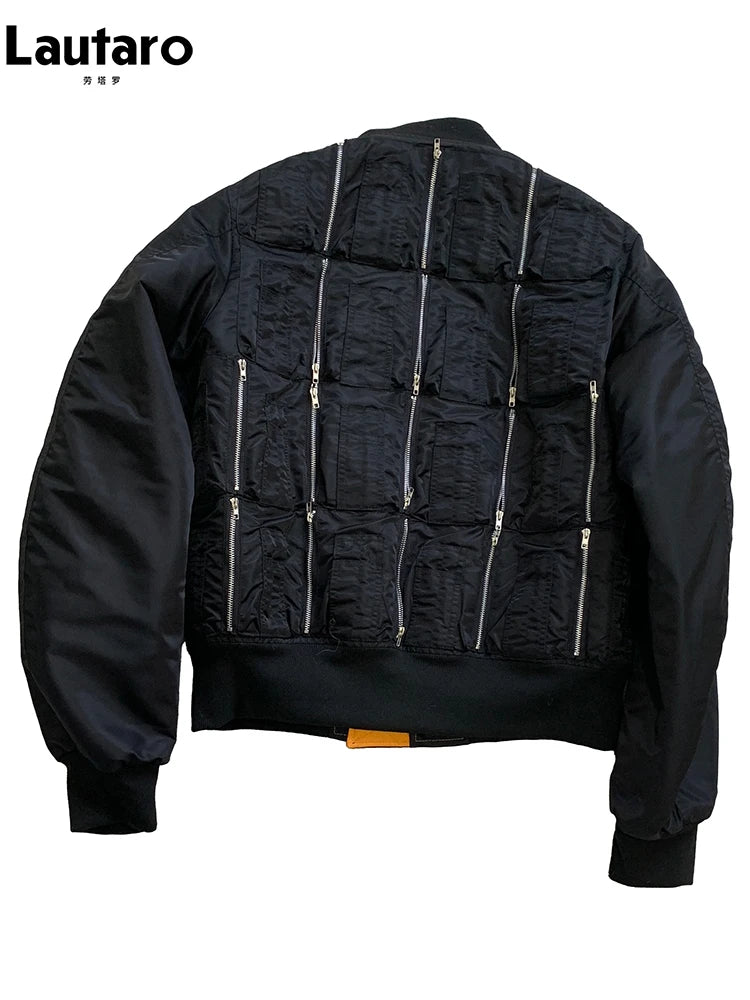 Lautaro Autumn Winter Black Short Warm Bomber Jacket Men with Back Many Zippers Luxury Designer Heavy Industry Emo Clothes 2025