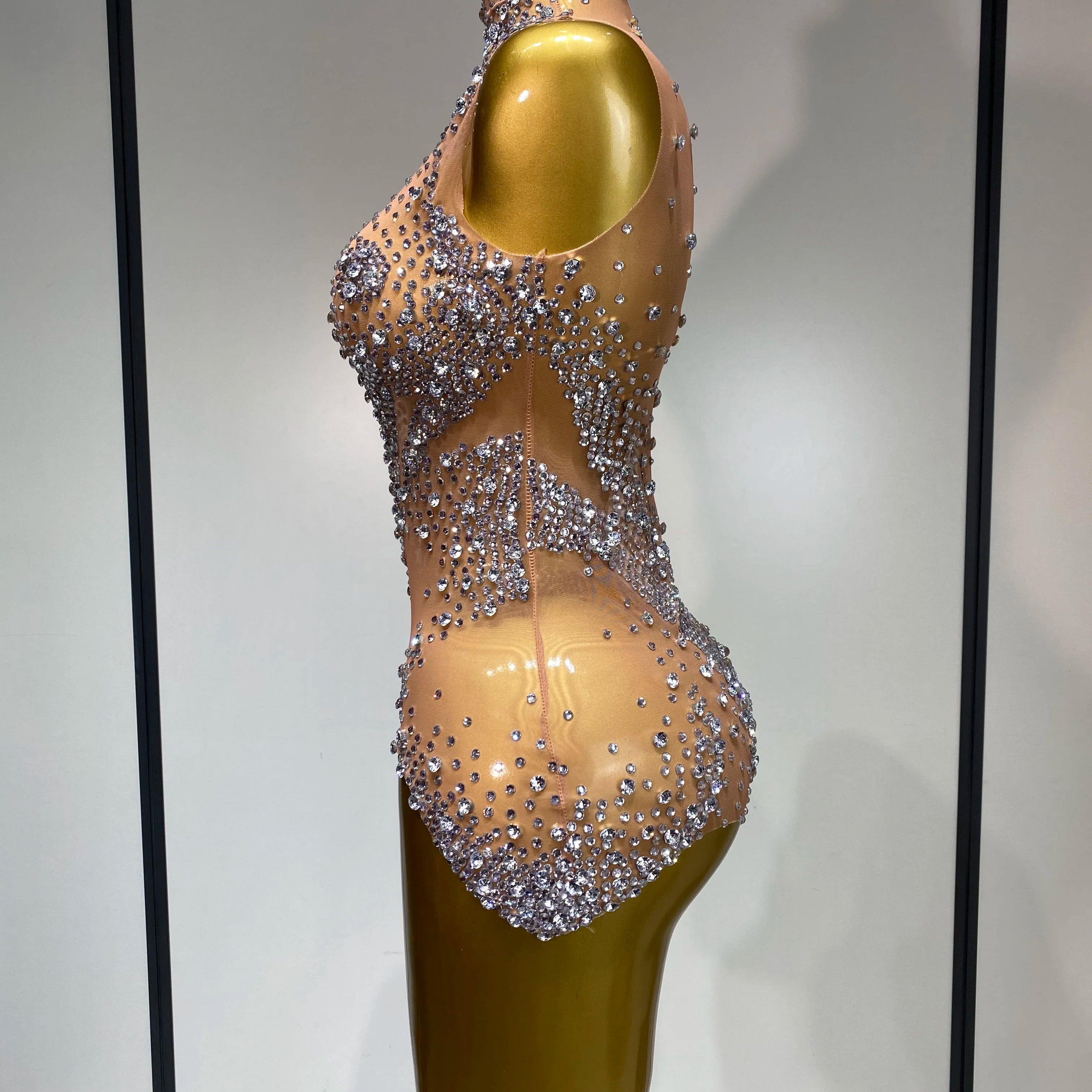 Women Sexy See Through Crystal Bodysuits Luxury Birthday Dancer Stage Performance Wear Mesh Sparkly Rhinestone Nightclub Outfit