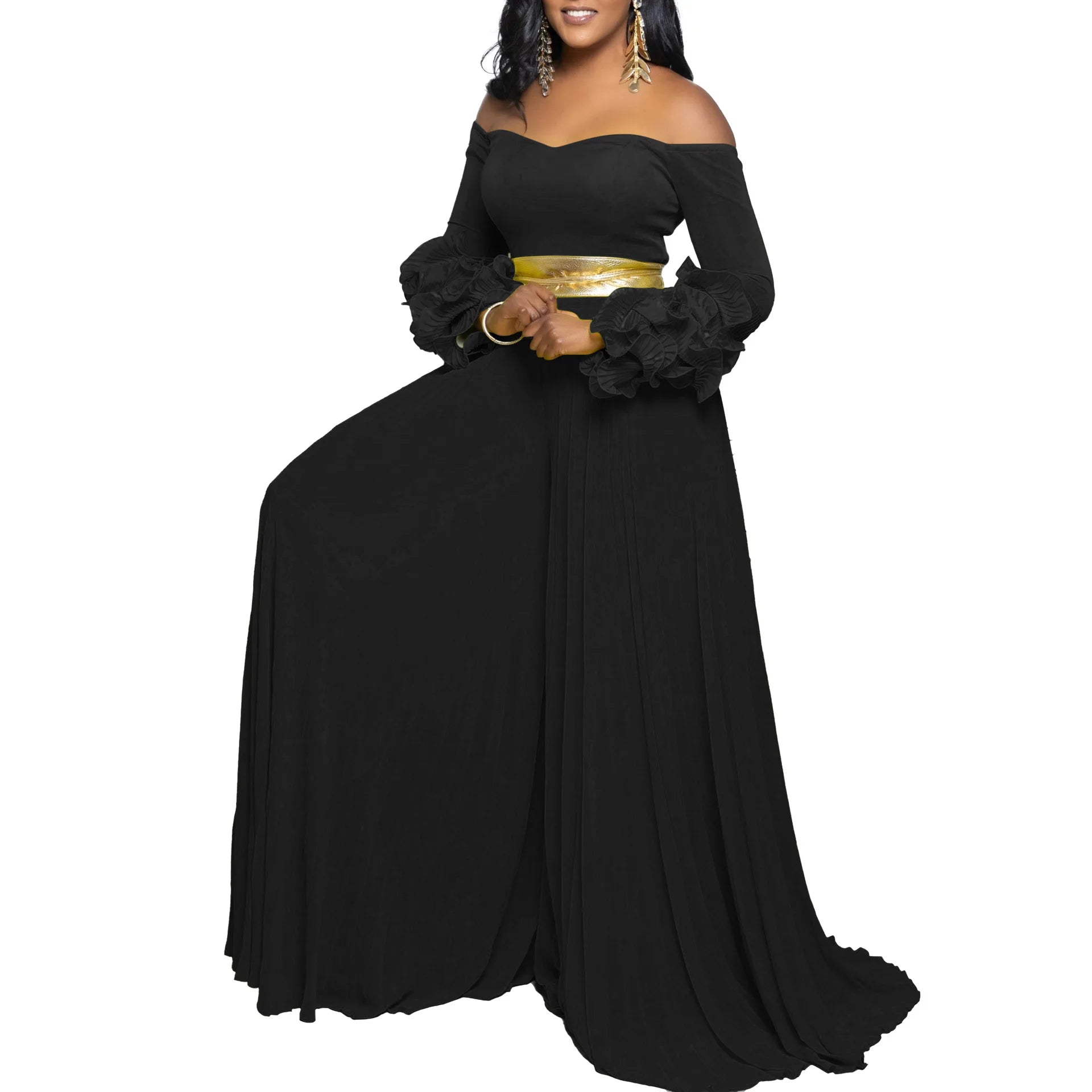 Women Long Ruffles Sleeve Pleated Slash Neck Wide Leg Long Jumpsuits Party Beach belt Street Sexy Africa Outfit Rompers Black Belt