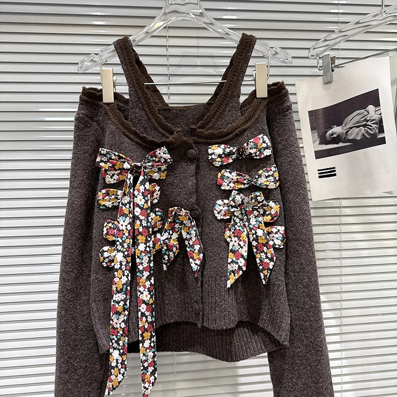 Winter New Fashion Colorful Floral Bow Tie Halter Neck Knitted Sweater For Women Versatile Pullover Female 11A07685